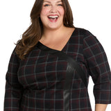 Printed Plaid Ponte Shift with Faux Leather Trim  - Plus