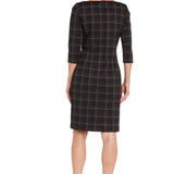 Printed Plaid Ponte Shift Dress with Faux Leather Trim