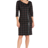 Printed Plaid Ponte Shift Dress with Faux Leather Trim