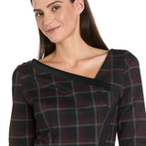Printed Plaid Ponte Shift Dress with Faux Leather Trim