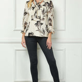 3/4 Ruffle Sleeve V-Neck Mix Media Blouse with Scarf