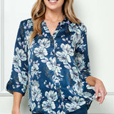 3/4 Button Tab Sleeve Button Placket Front Mandarin Collar Hi-Low Button Front Bouse