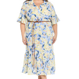 Printed Midi Shirt Dress with Bell Sleeve and Belt - Plus
