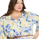 Printed Midi Shirt Dress with Bell Sleeve and Belt - Plus