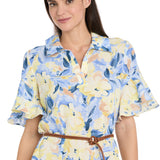 Printed Midi Shirt Dress with Bell Sleeve and Belt