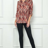 3/4 Button Tab Sleeve Johnny Collar Patch Pockets Button Front Blouse