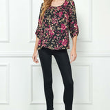 3/4 Button Tab Sleeve Chain Trim Front Pleat Scoop Neck Blouse
