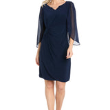 Short Jersey Dress with Tulip Chiffon Sleeve - Navy