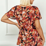 Short Flutter Sleeve Cutout Trim Front Neck Blouse - Plus