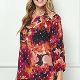 3/4 Elastic Cuff Sleeve Cutout Removable Trim Front Neck Blouse