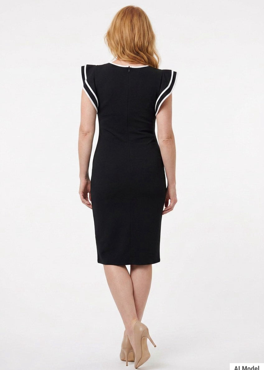 Black petite sheath dress with ruffle sleeves and white contrast tipping, back view, worn by a red-haired woman with nude