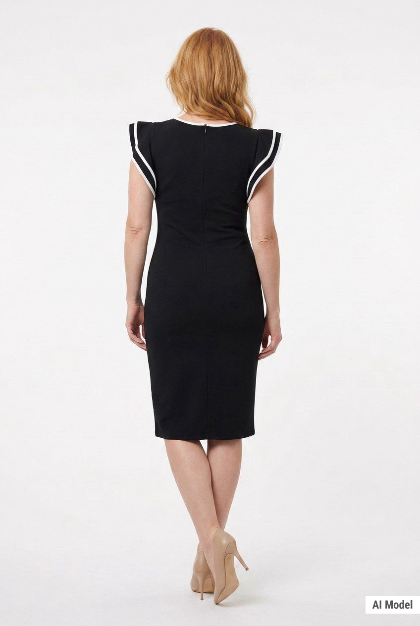 Black petite sheath dress with ruffle sleeves and white contrast tipping, back view, worn by a red-haired woman with nude