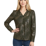NY Collection Petite Long Sleeve V Neck Blouse With Metallic Print