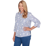 Alfred Dunner Puff Print Pinstripe Embroidered Button Down Top