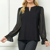 Long Ruffle Sleeve Cutout Removable Trim Fromt Boat Neck Mix Media Blouse