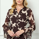3/4 Ruffle Tie Sleeve Button Front Placket Mandarin Collar Mix Media Popover Blouse
