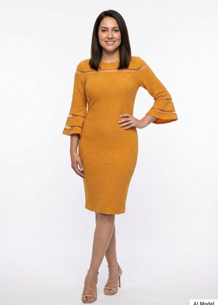 Mustard textured sheath midi dress with sheer contrast stripe detail at chest and flared bell sleeves, worn by a dark-haired