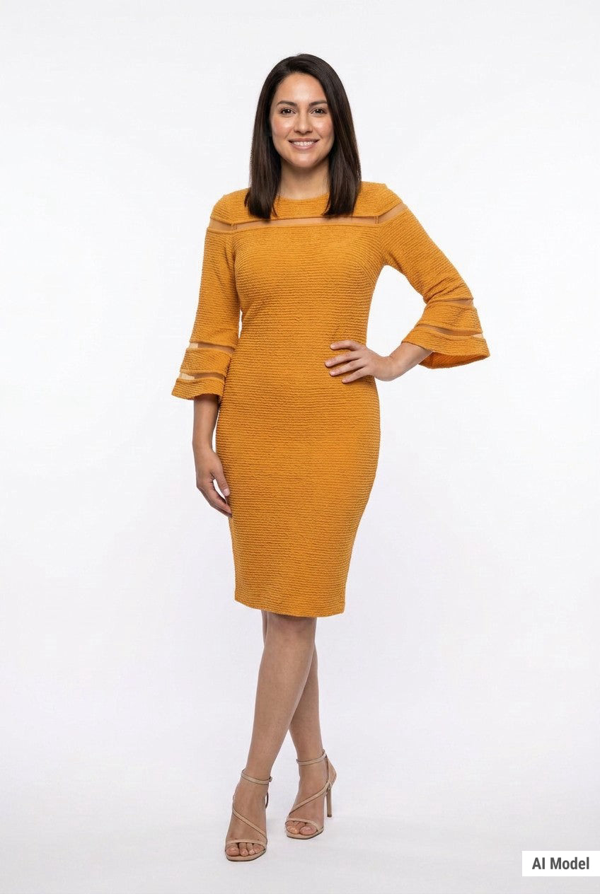 Mustard textured sheath midi dress with sheer contrast stripe detail at chest and flared bell sleeves, worn by a dark-haired