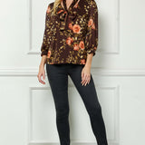3/4 Band Sleeve V-Neck Mix Media Blouse with Scarf