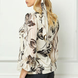 3/4 Ruffle Sleeve V-Neck Mix Media Blouse with Scarf
