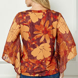 3/4 Kimono Sleeve Cutout Trim Front Neck Mix Media Blouse