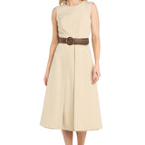 Stretch Twill Midi Dress with Split Skirt and Belt
