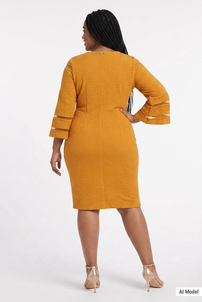 Plus-size model wears a mustard yellow textured sheath dress with 3/4 bell sleeves featuring sheer stripe panels, back view.