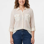 Woman wearing an ivory windowpane button-front blouse with roll-tab 3/4 sleeves and dual chest pockets, front view, waist up.