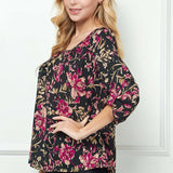 3/4 Button Tab Sleeve Chain Trim Front Pleat Scoop Neck Blouse