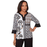Alfred Dunner Floral Geo Patchwork Split Neck Top