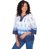 Alfred Dunner Tie Dye Border Split Neck Top- Petite