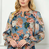 Long Ruffle Sleeve Cutout Removable Trim Front Boat Neck Mix Media Blouse