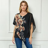 Cold Shoulder Tie Sleeve Poncho with V-neck Tank Blouse - Black