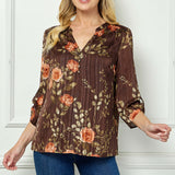 3/4 Button Tab Sleeve Mandarin Collar Button Front Placket Popover Lined Blouse with Lurex and Brown Studs