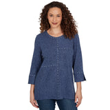 Alfred Dunner Spliced Texture Metallic Studded Top - Denim
