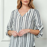 3/4 Button Tab Sleeve Button Placket Front V-Neck Popover Blouse