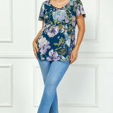 Short Flutter Sleeve Cutout Trim Front Pleat Scoop Neck Lined Blouse - Plus