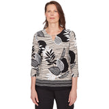 Alfred Dunner Tropical Leaf Border Print Split Neck Top- Petite