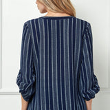 3/4 Button Tab Sleeve Button Placket Front V-Neck Popover Blouse