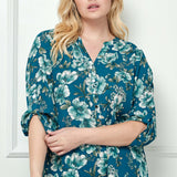 3/4 Button Tab Sleeve Button Placket Front Mandarin Collar Hi-Low Popover Blouse - Plus