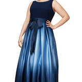 Sleeveless Gown with Satin Ombre Skirt & Tie Belt - Nvy - Plus
