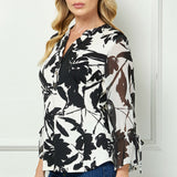 3/4 Ruffle Tie Sleeve Button Front Placket Mandarin Collar Mix Media Popover Blouse