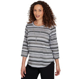 Alfred Dunner Textured Stripe Knit Top with Necklace - Grey - Petite