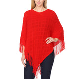 Women's Open Knit Fringe Poncho - Red