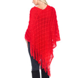 Women's Open Knit Fringe Poncho - Red