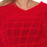 Women's Open Knit Fringe Poncho - Red