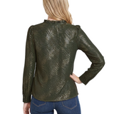 NY Collection Petite Long Sleeve V Neck Blouse With Metallic Print