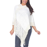Women's Cable Knit Poncho with Fringe Trim - White