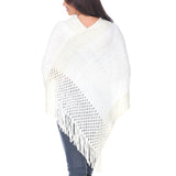 Women's Cable Knit Poncho with Fringe Trim - White