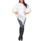 Women's Cable Knit Poncho with Fringe Trim - White
